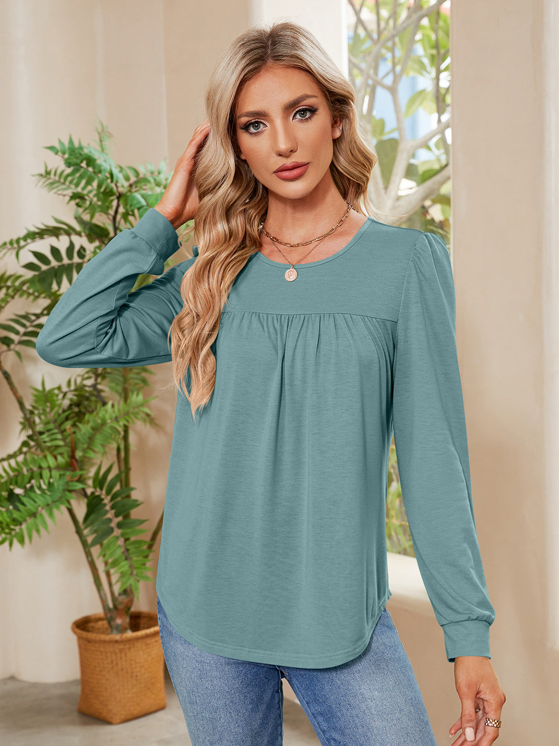 Ruched Round Neck Long Sleeve Blouse - The Goddess Galleries
