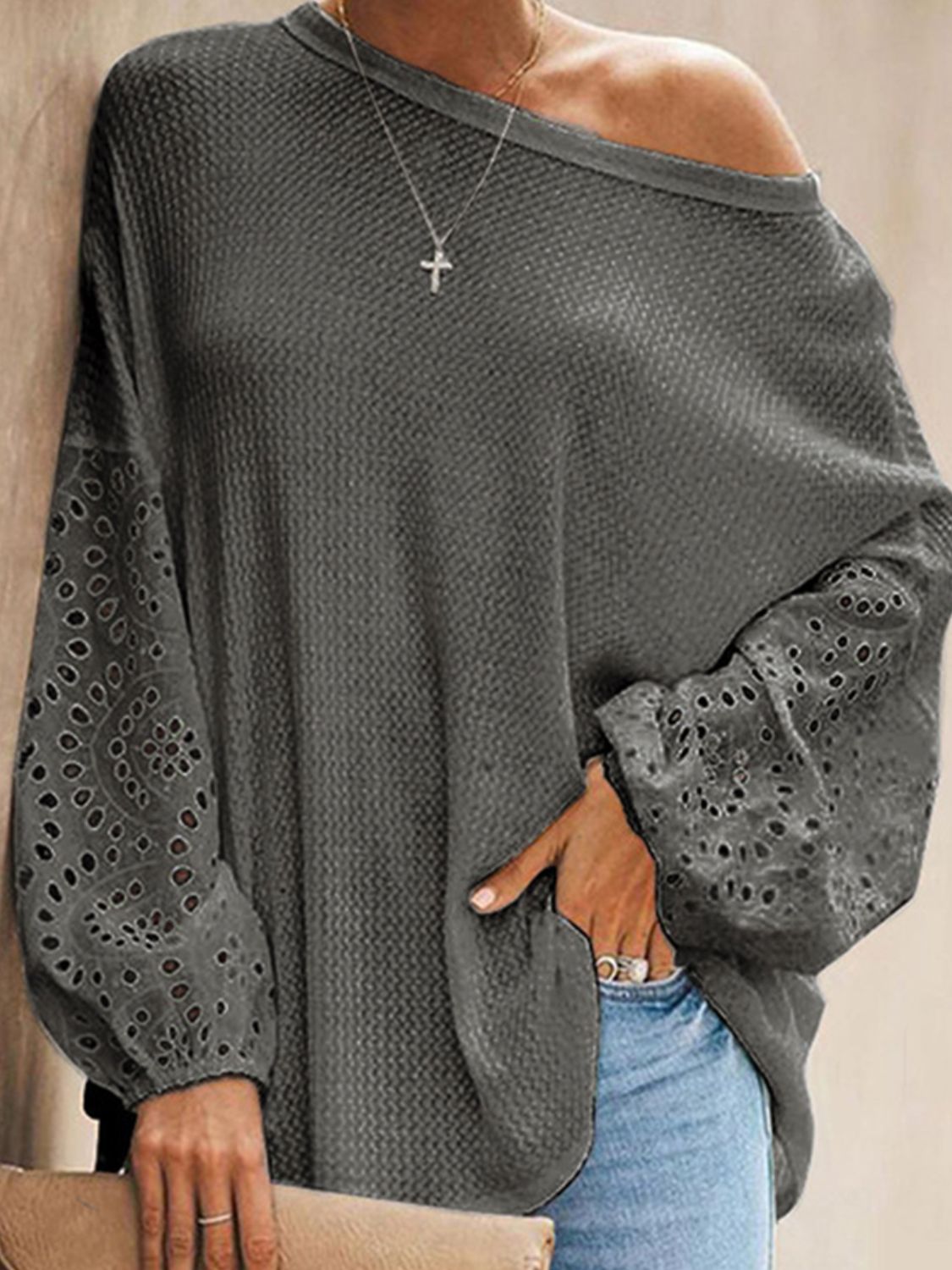 Shiny Openwork Dropped Shoulder Boat Neck Blouse - The Goddess Galleries
