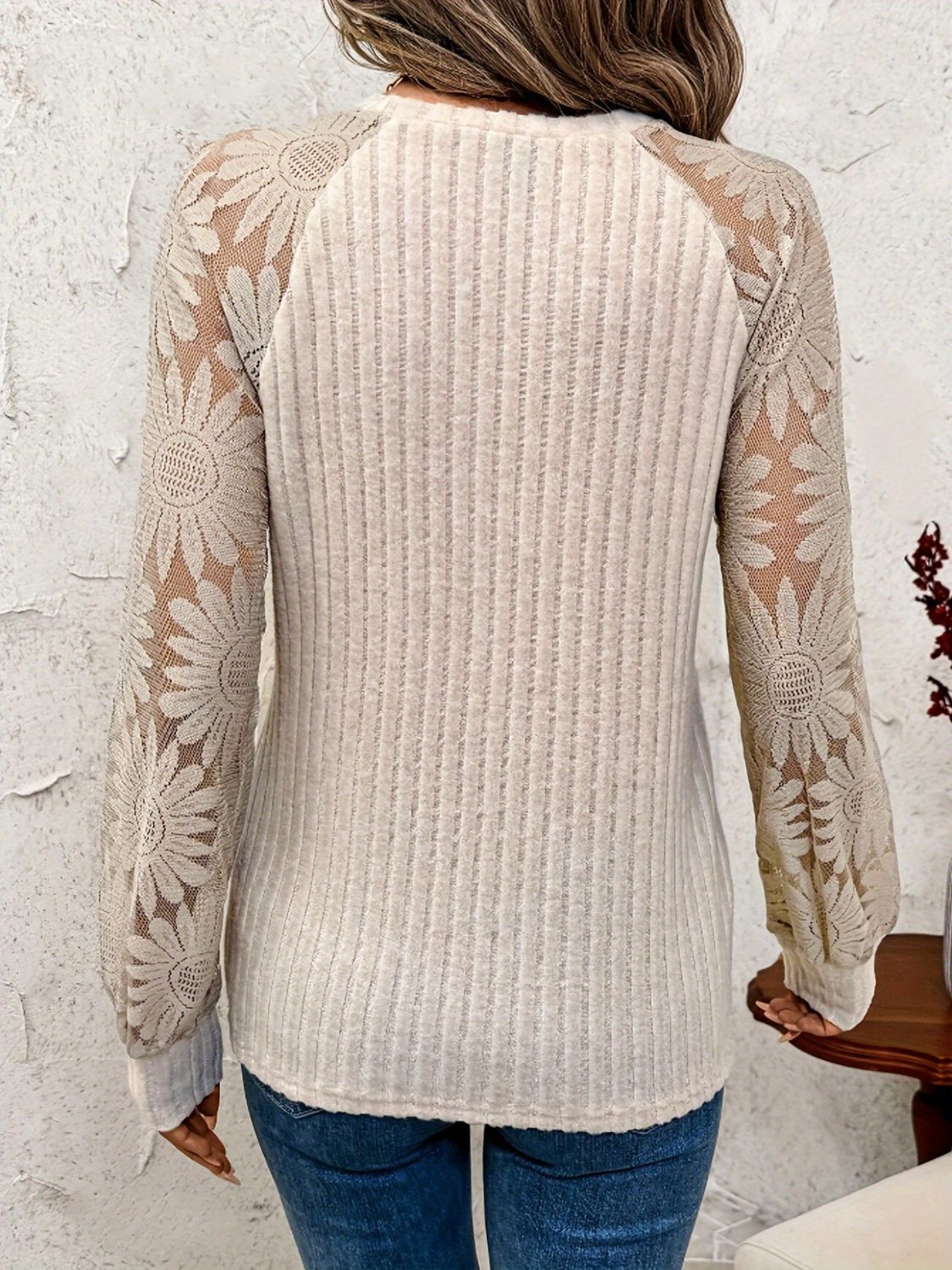 Round Neck Lace Patchwork Long Sleeve Top - The Goddess Galleries