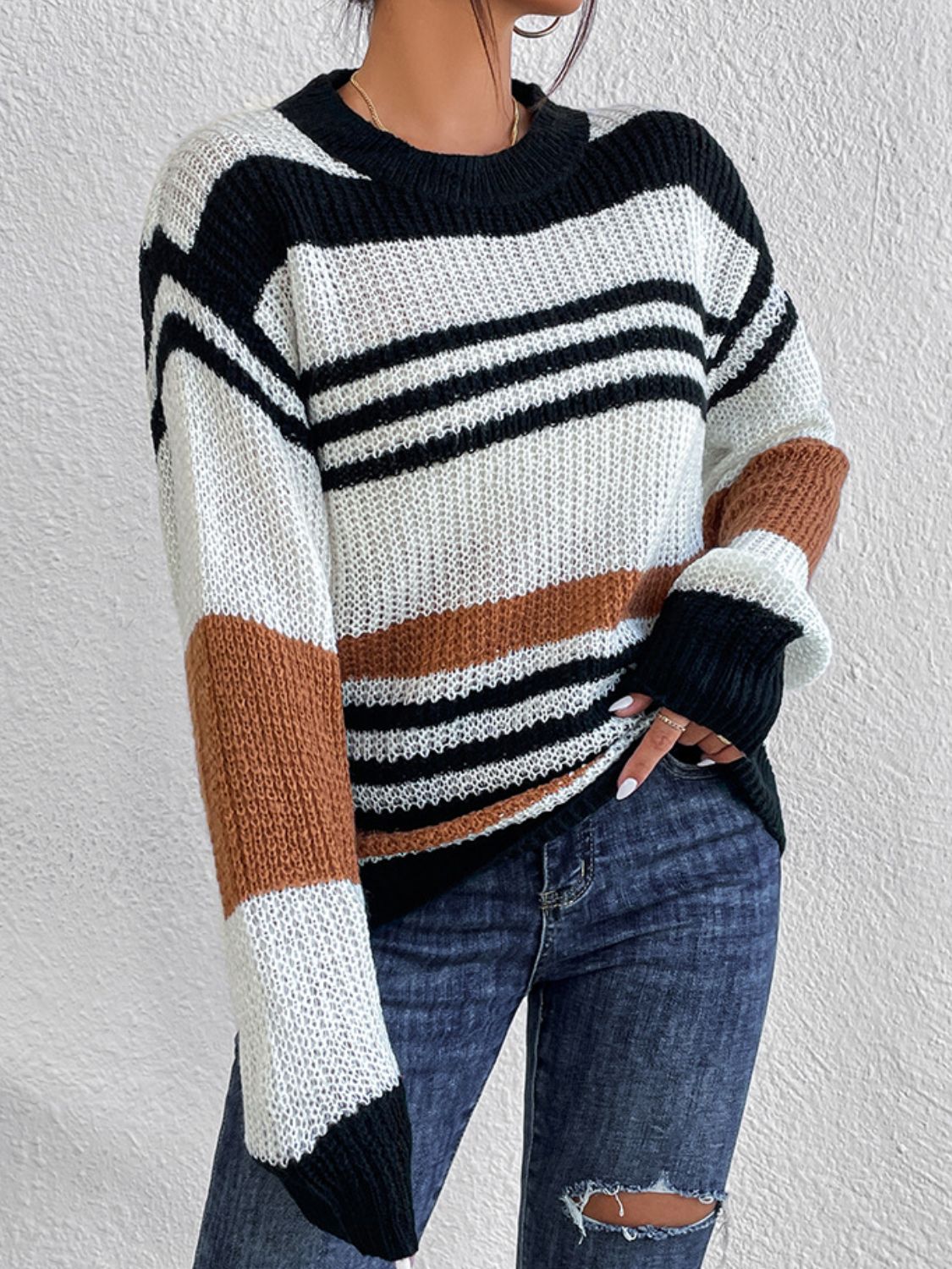 Contrast Striped Round Neck Long Sleeve Sweater - The Goddess Galleries