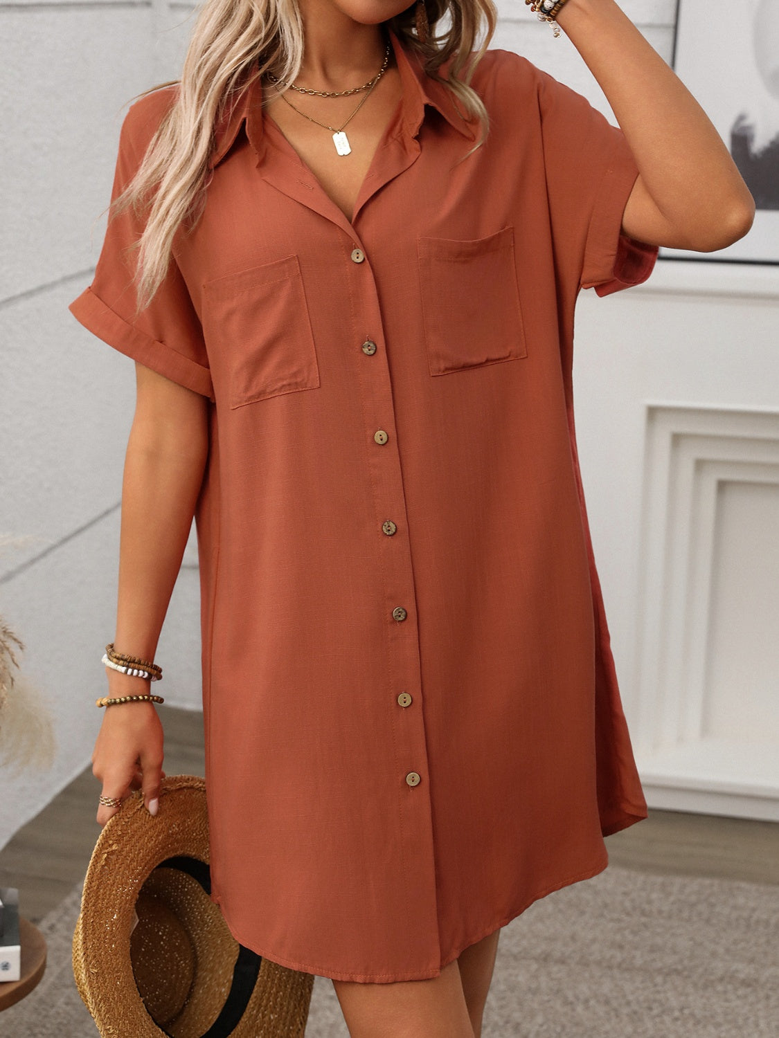 Button Down Short Sleeve Mini Dress - The Goddess Galleries