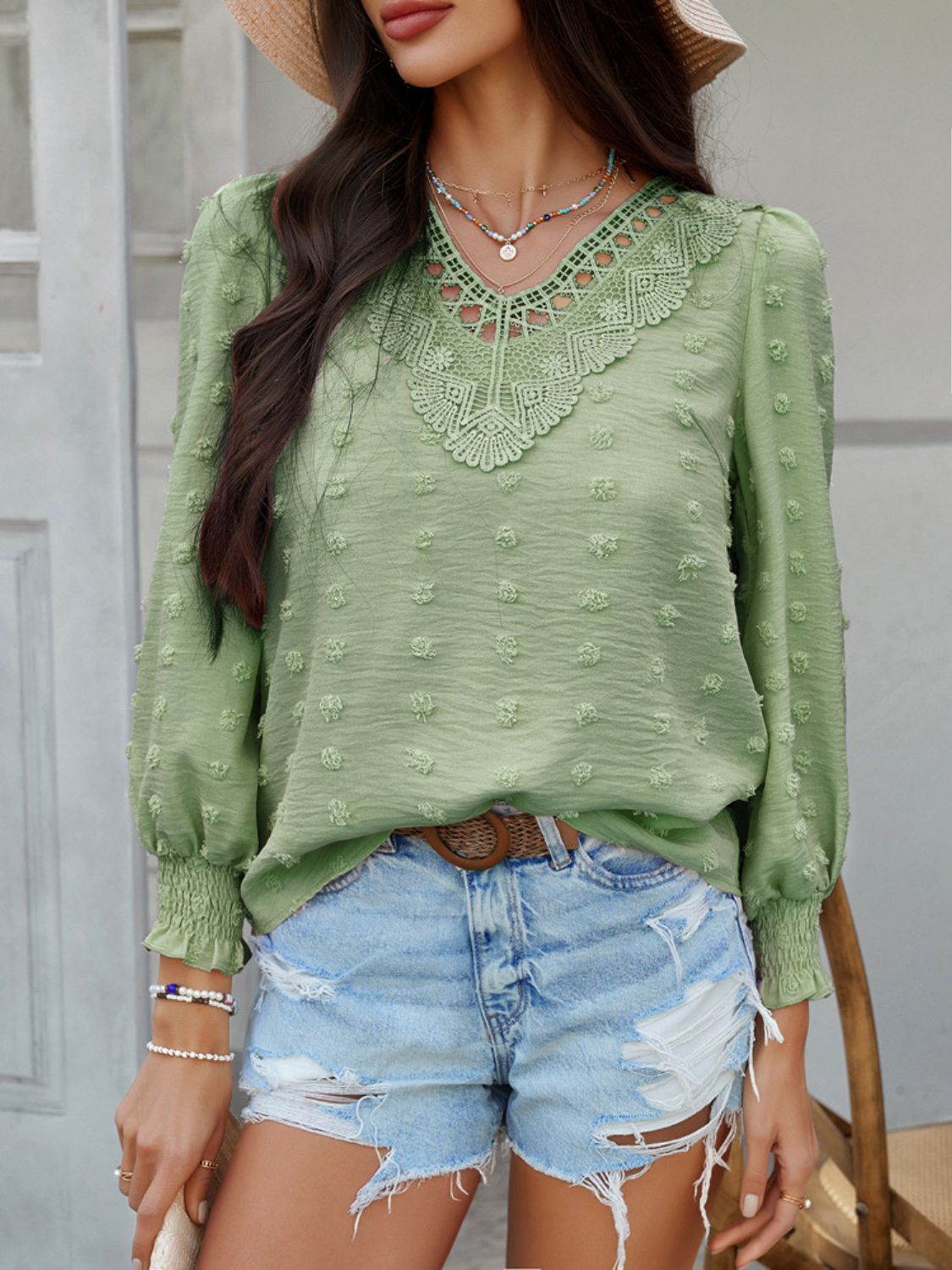 Devine Swiss Dot Lace Detail V-Neck Long Sleeve Blouse - The Goddess Galleries