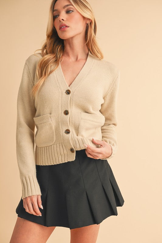 Aemi + Co Ribbed Hem Button Down V-Neck Cardigan - The Goddess Galleries