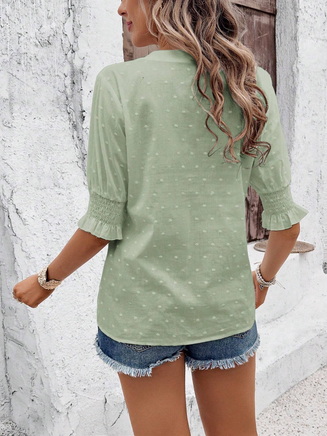 Eyelet Notched Flounce Sleeve Blouse - The Goddess Galleries