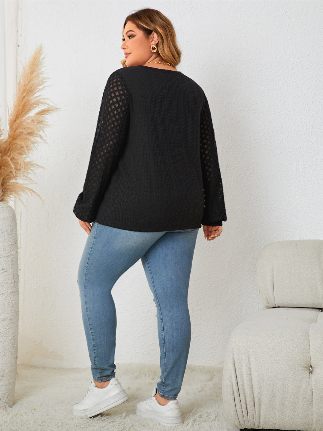 Honey Plus Size Openwork Notched Button Front Blouse - The Goddess Galleries
