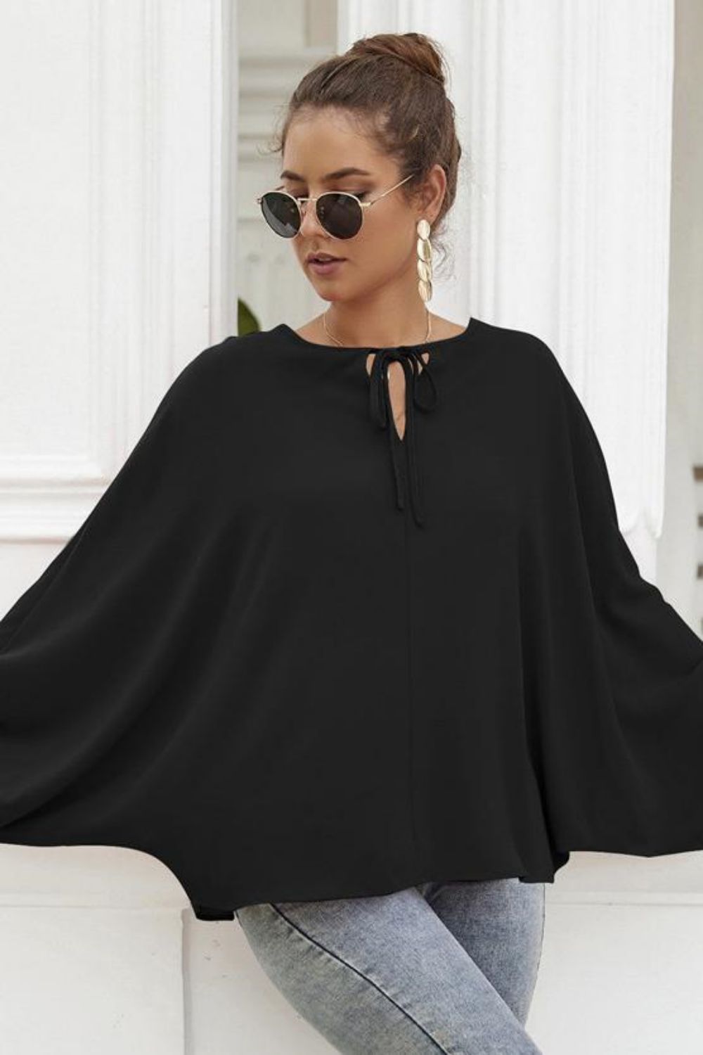 Tie Neck Balloon Sleeve Blouse - The Goddess Galleries