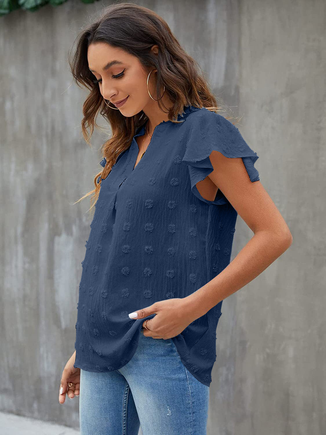 Swiss Dot Notched Flutter Sleeve Blouse - The Goddess Galleries