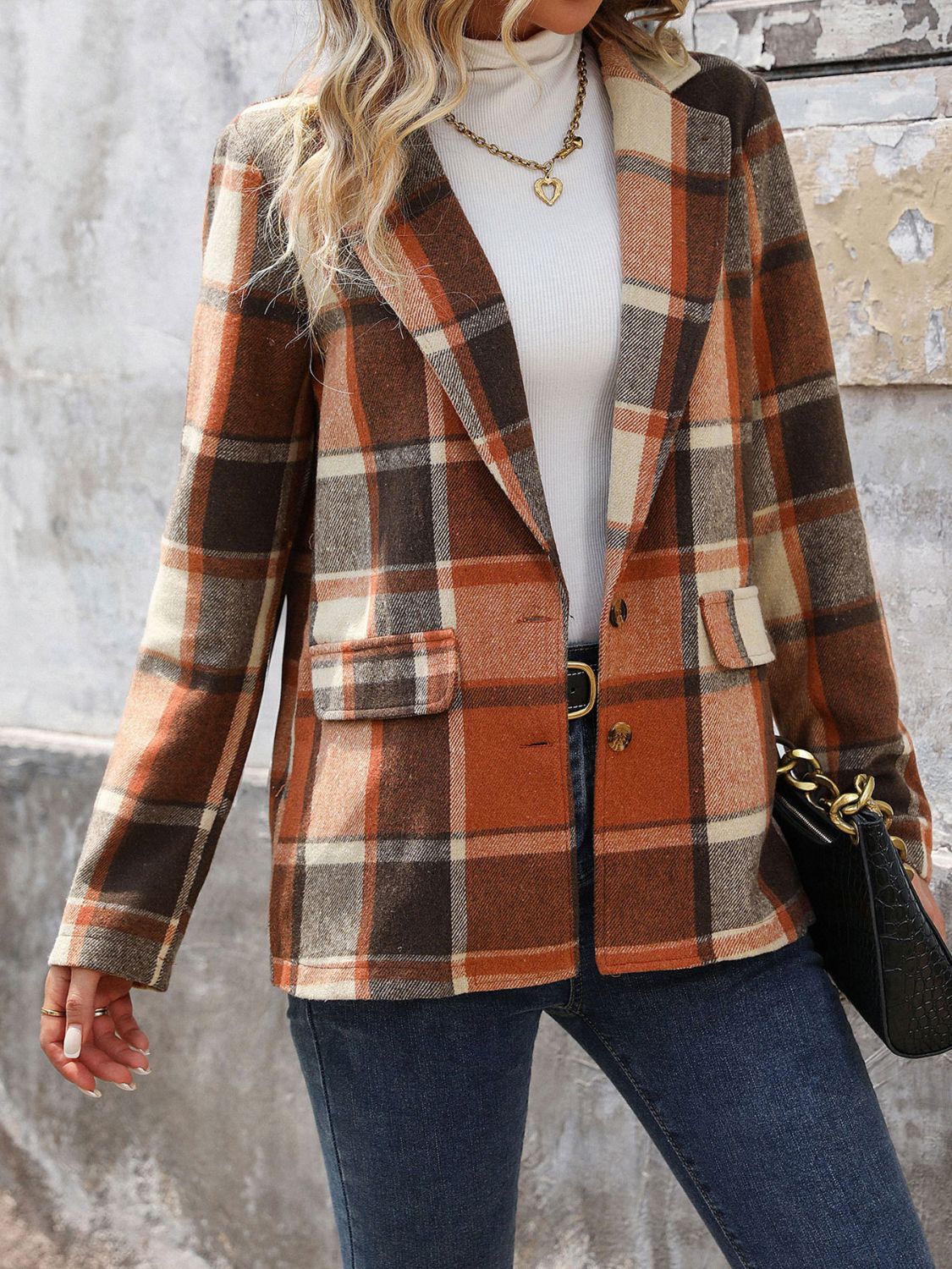 Perfee Plaid Button Down Lapel Collar Blazer - The Goddess Galleries