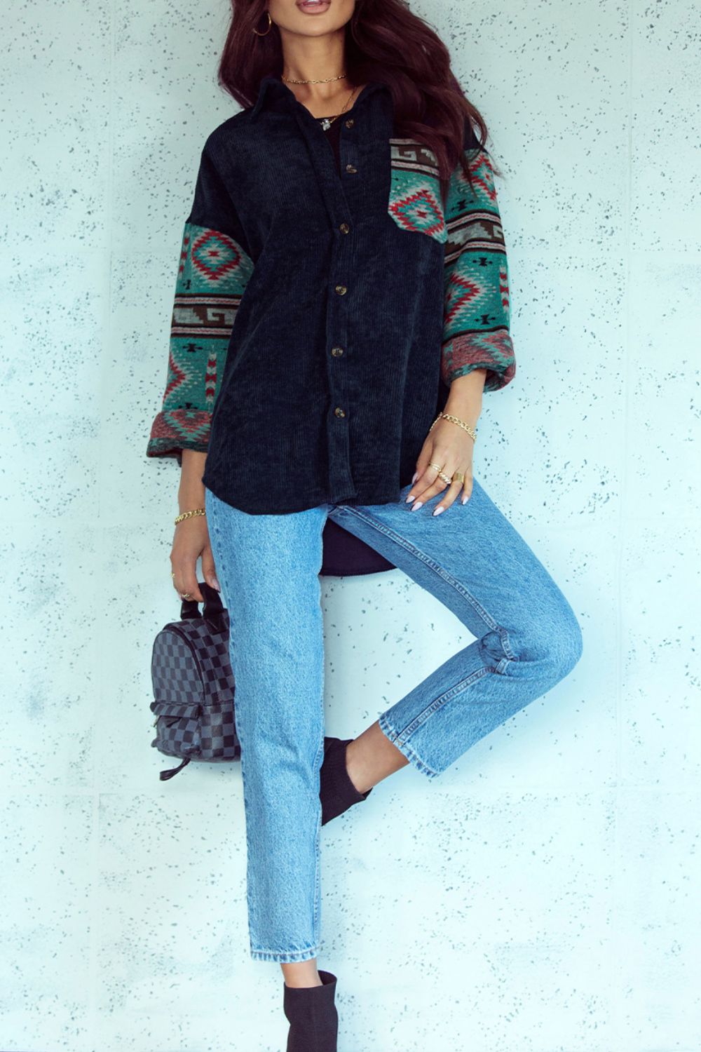 Pocketed Geometric Collared Neck Shacket - The Goddess Galleries