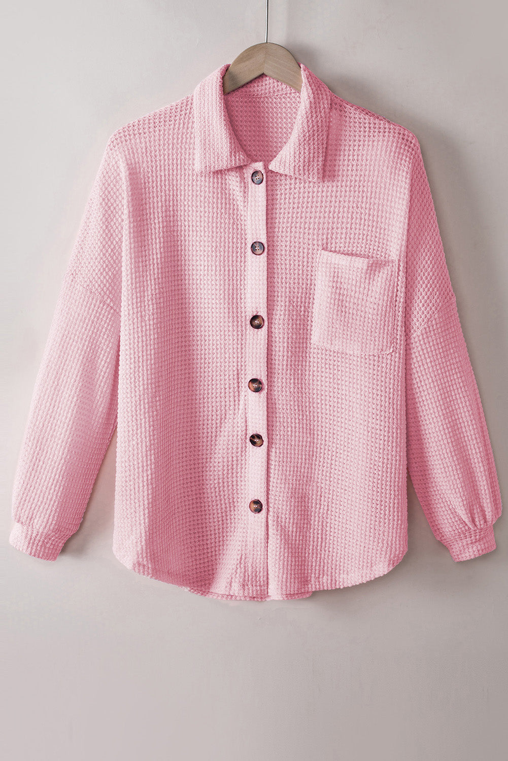Waffle-Knit Collared Neck Long Sleeve Shirt - The Goddess Galleries