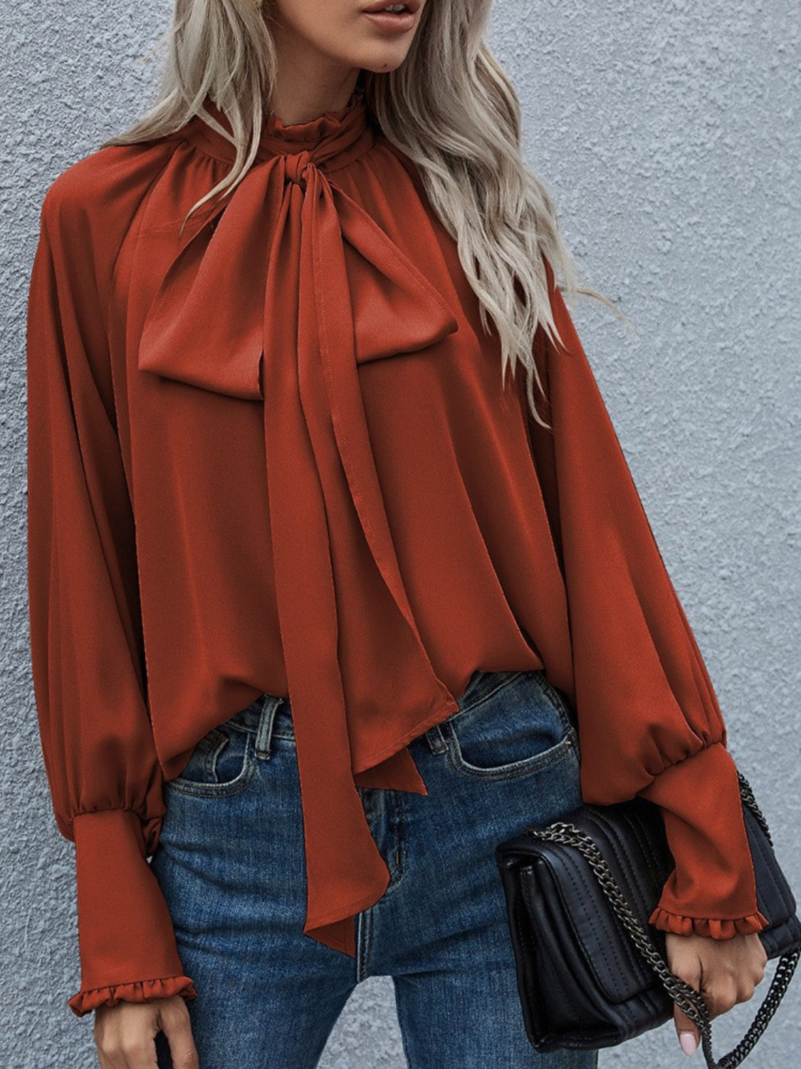 Tie Neck Lantern Sleeve Blouse - The Goddess Galleries