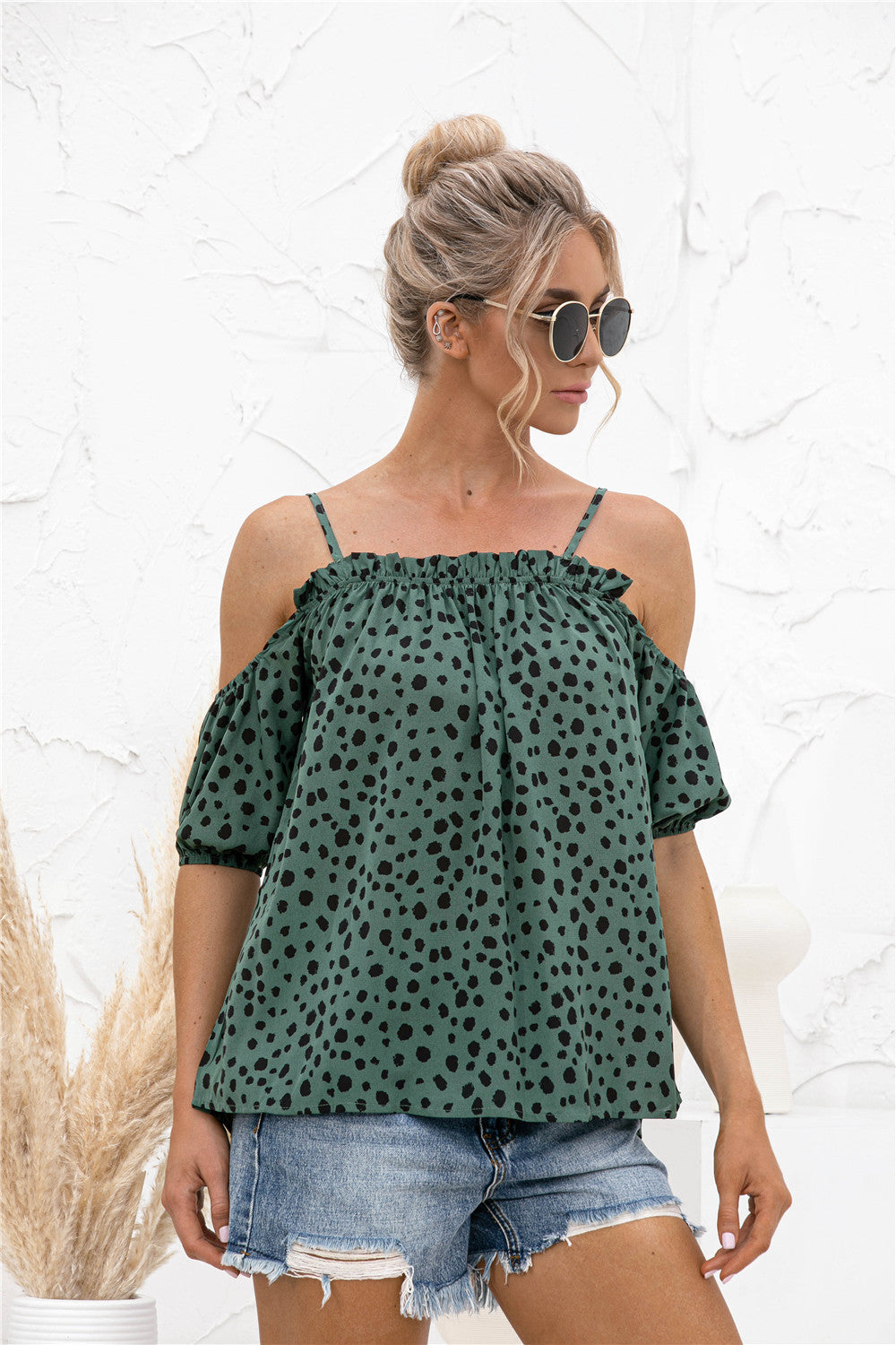 Printed Cold-Shoulder Frill Trim Blouse - The Goddess Galleries