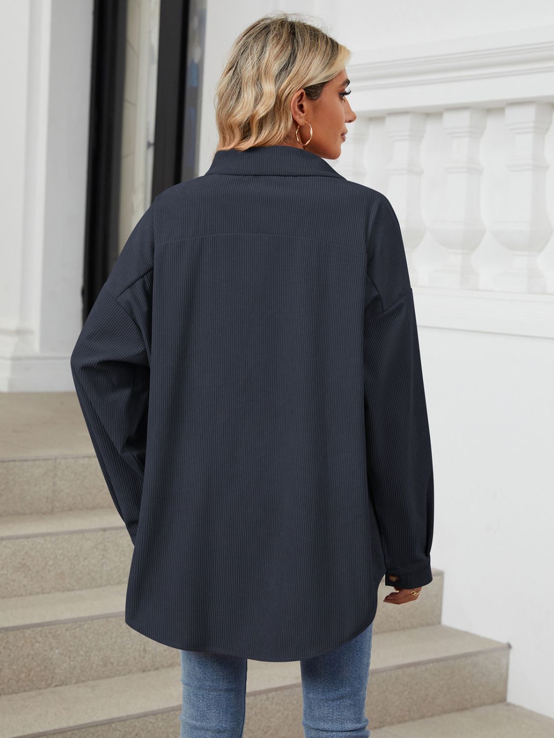 Collared Neck Long Sleeve Dropped Shoulder Shirt - The Goddess Galleries