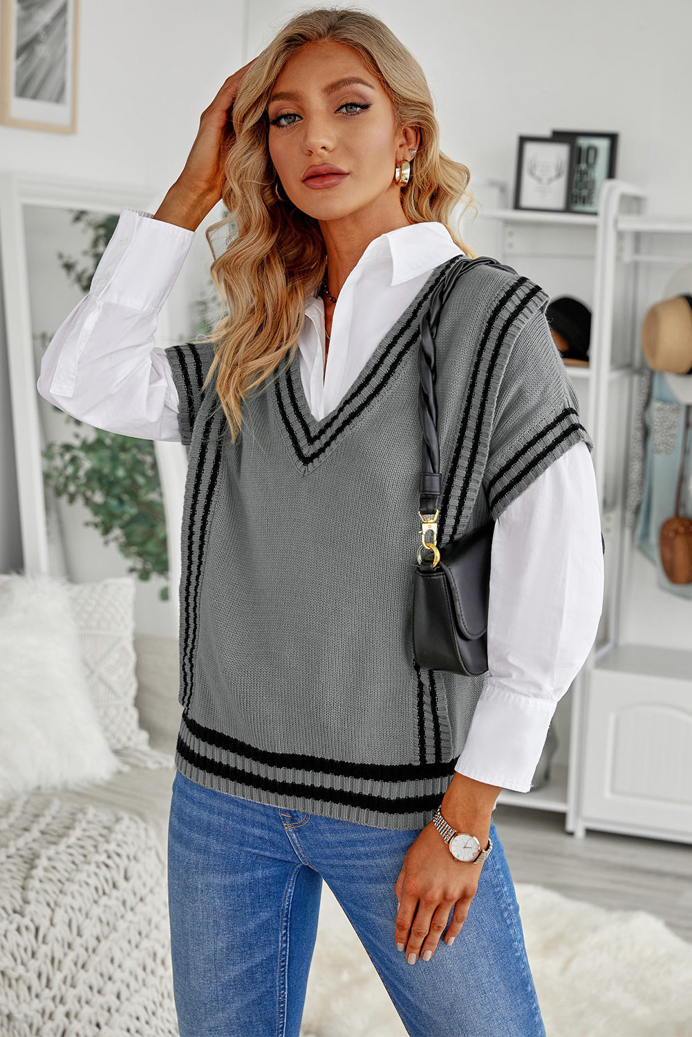 Striped Trim V-Neck Sweater Vest - The Goddess Galleries
