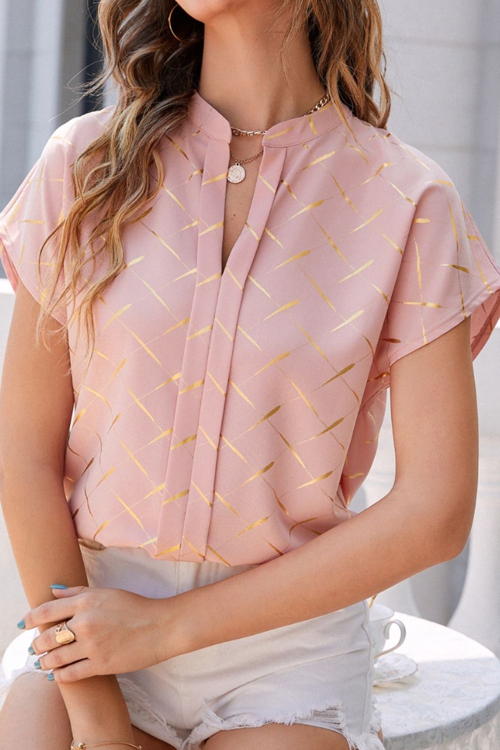 Printed Notched Short Sleeve Blouse - The Goddess Galleries