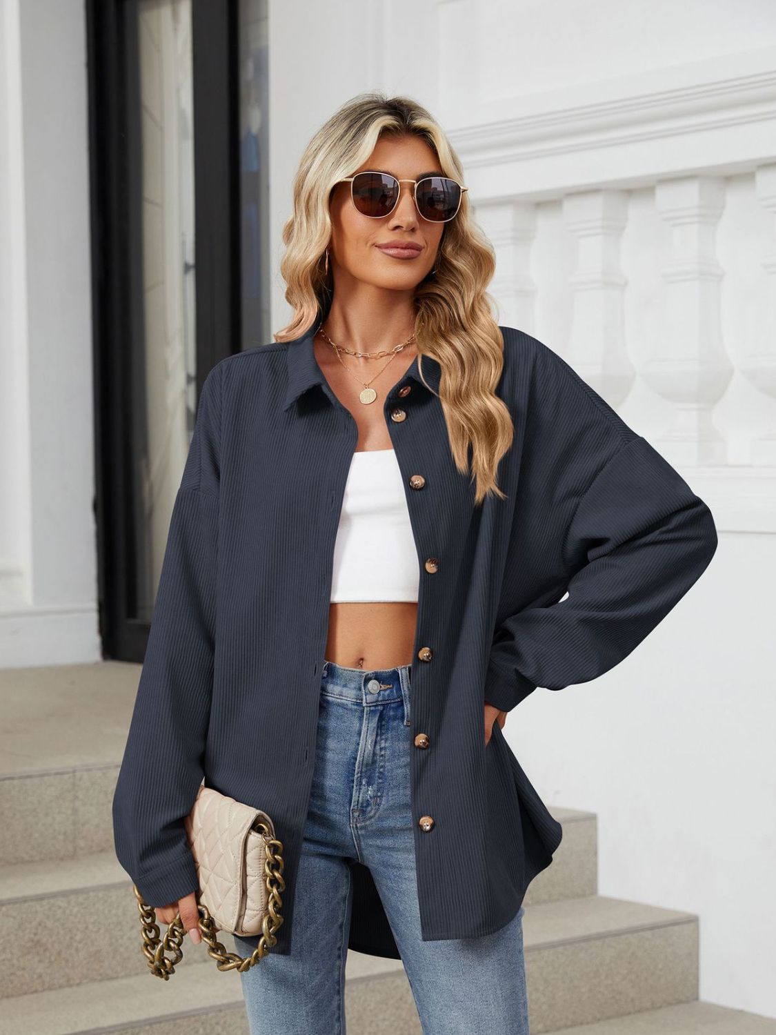 Collared Neck Long Sleeve Dropped Shoulder Shirt - The Goddess Galleries