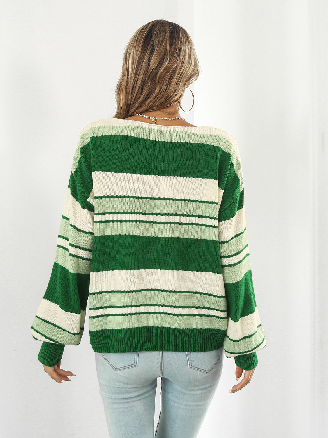 Striped V-Neck Long Sleeve Knit Top - The Goddess Galleries