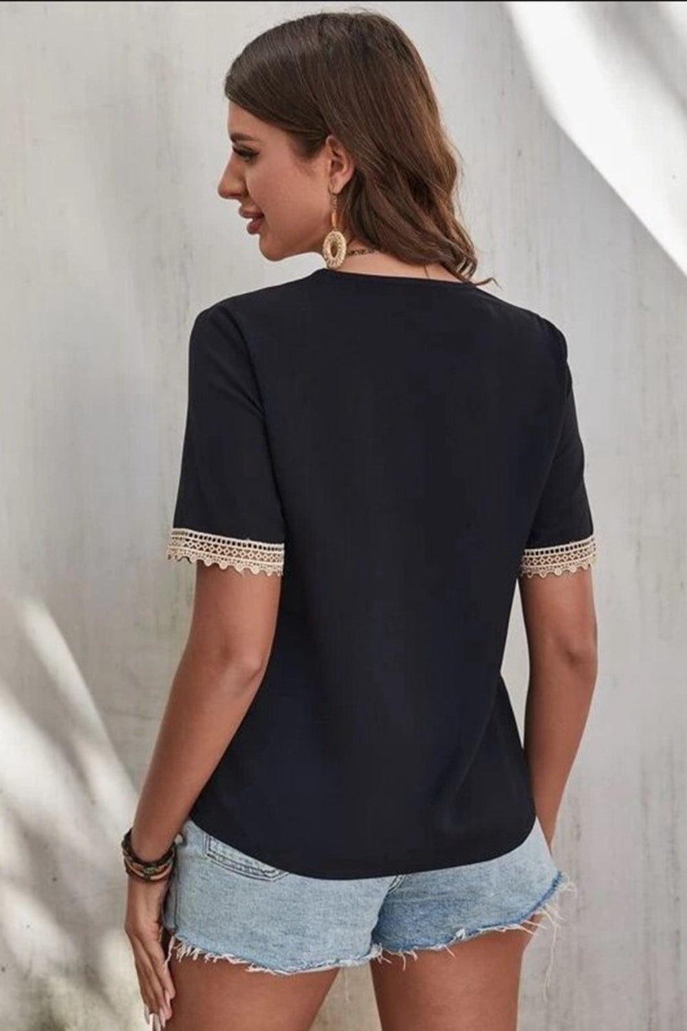 Full Size Lace Detail V-Neck Short Sleeve Blouse - The Goddess Galleries