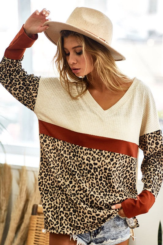 BiBi Waffle Knit Leopard Color Block V-Neck Top - The Goddess Galleries