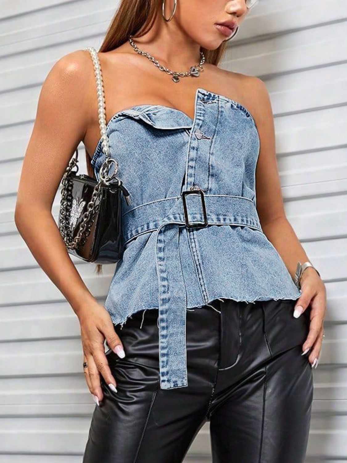 Frayed Hem Button Detail Tube Top - The Goddess Galleries
