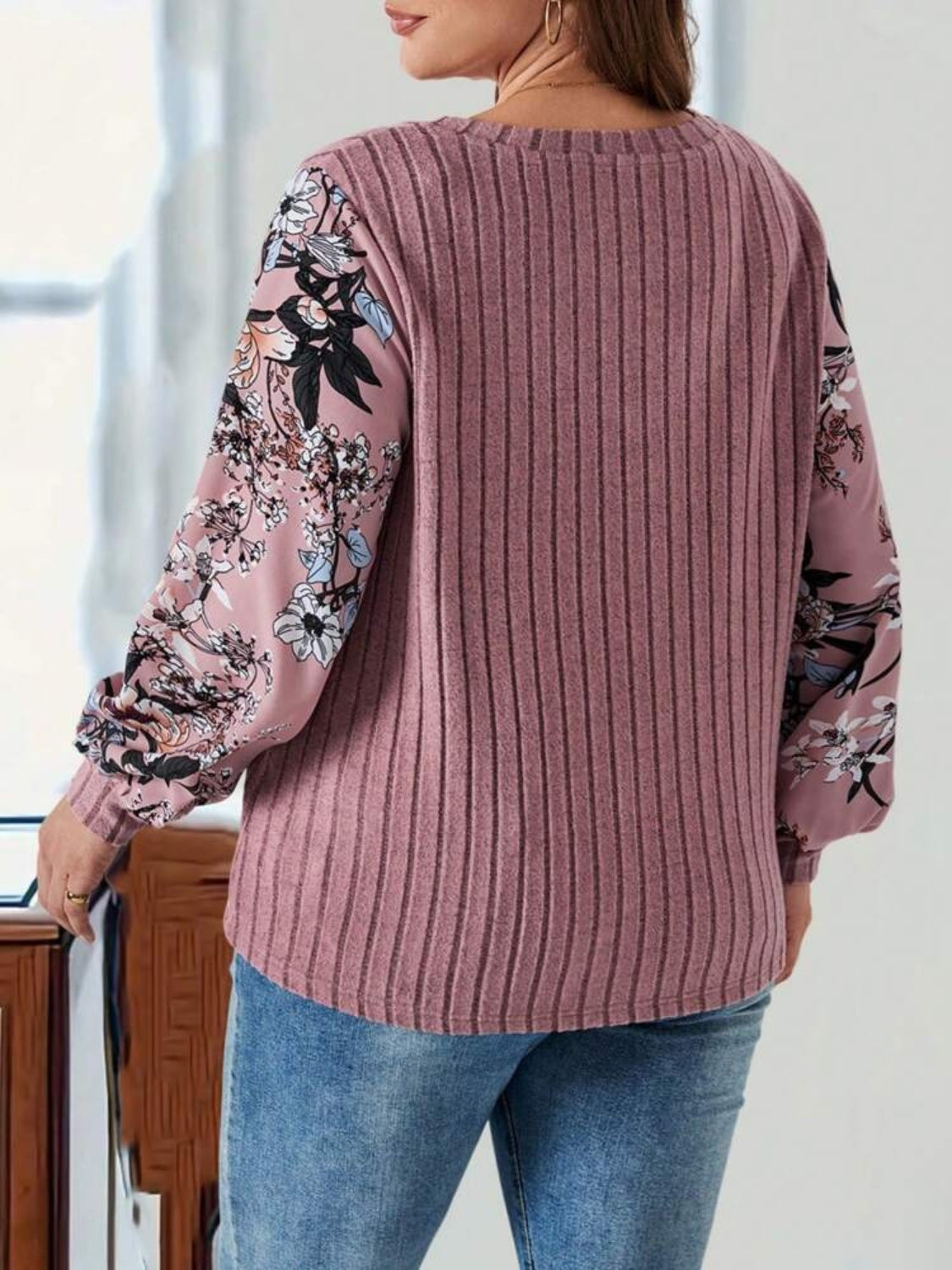 Plus Size Printed V-Neck Long Sleeve T-Shirt - The Goddess Galleries