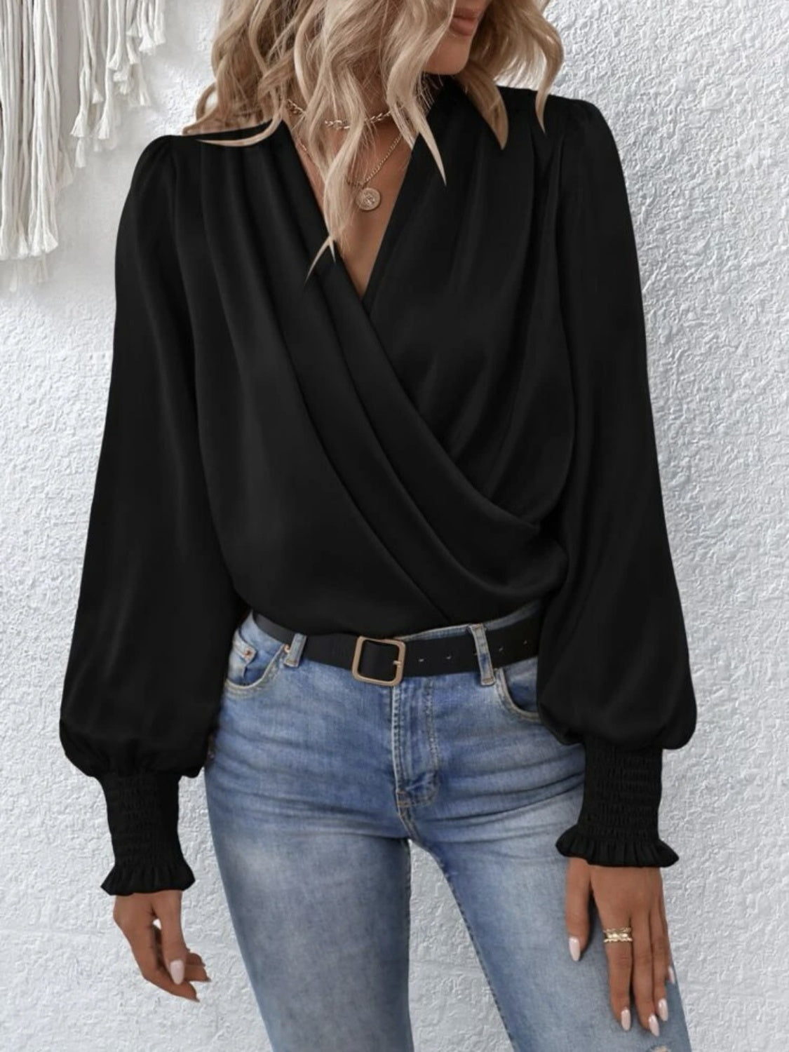 Surplice Smocked Lantern Sleeve Blouse - The Goddess Galleries