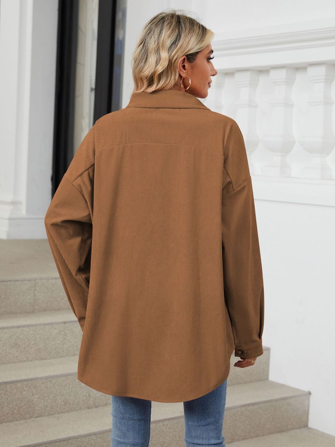Collared Neck Long Sleeve Dropped Shoulder Shirt - The Goddess Galleries