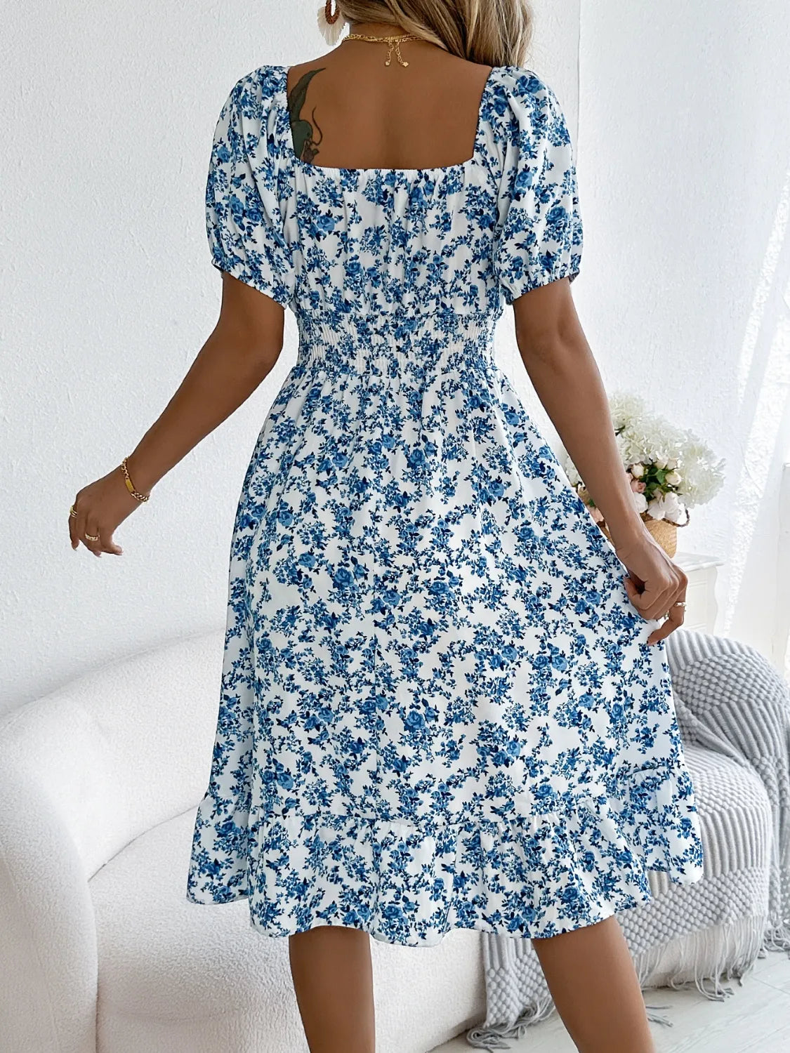 Ruffled Hem Floral Puff Sleeve Dress - The Goddess Galleries