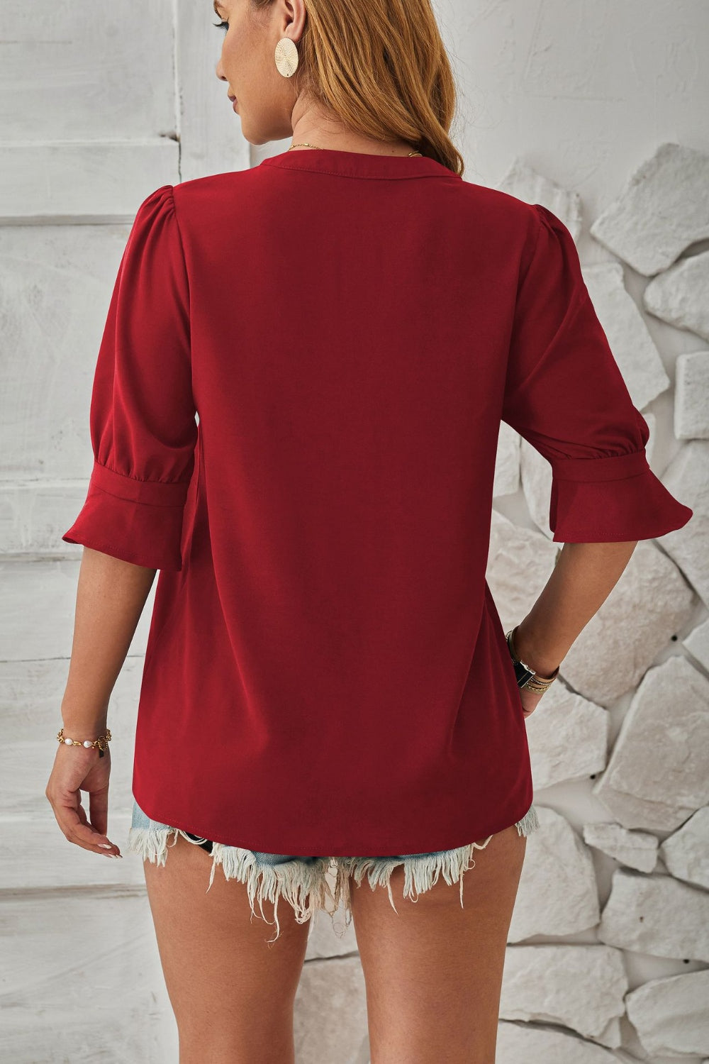 Notched Half Sleeve Blouse - The Goddess Galleries