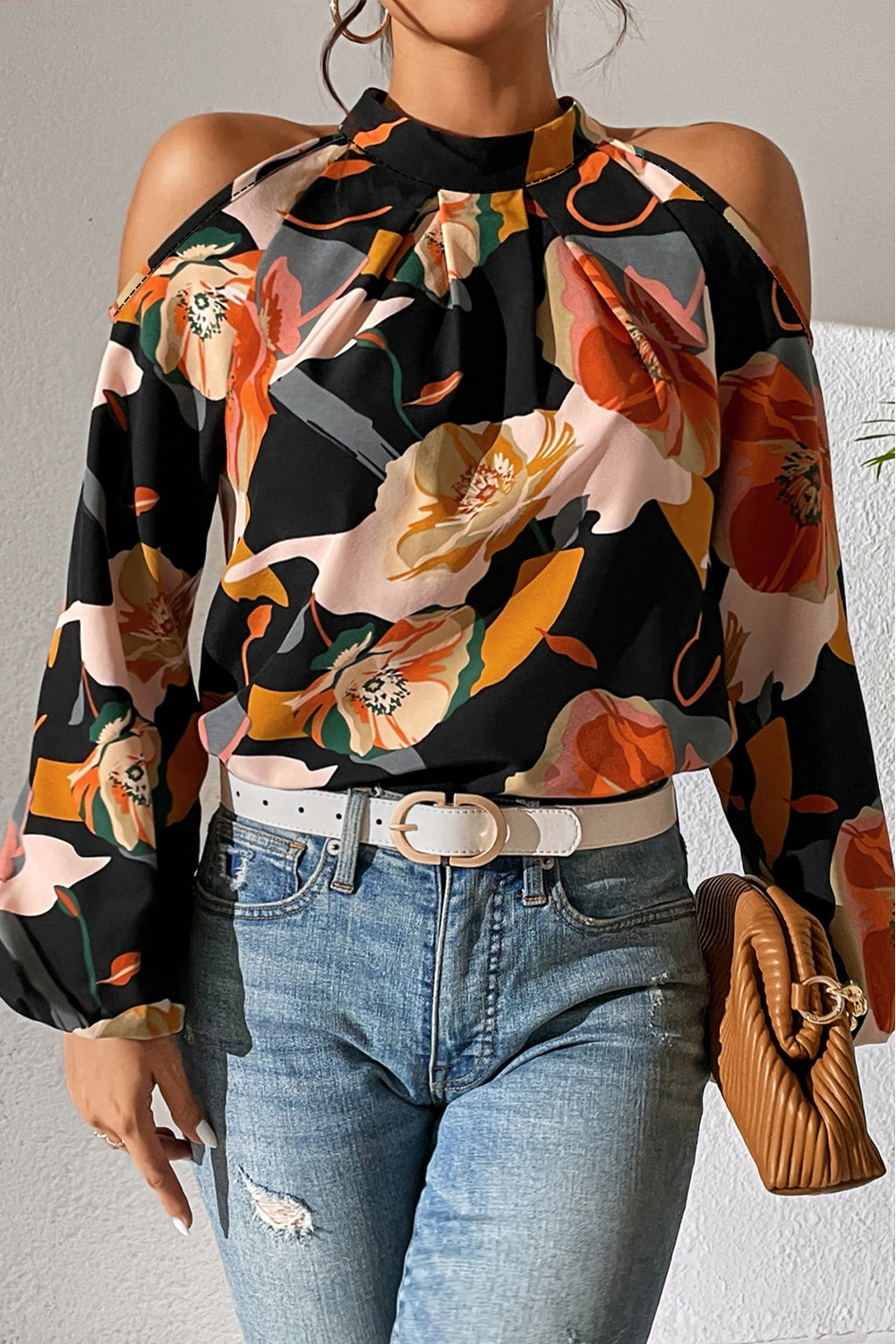 Floral Cold Shoulder Balloon Sleeve Blouse - The Goddess Galleries