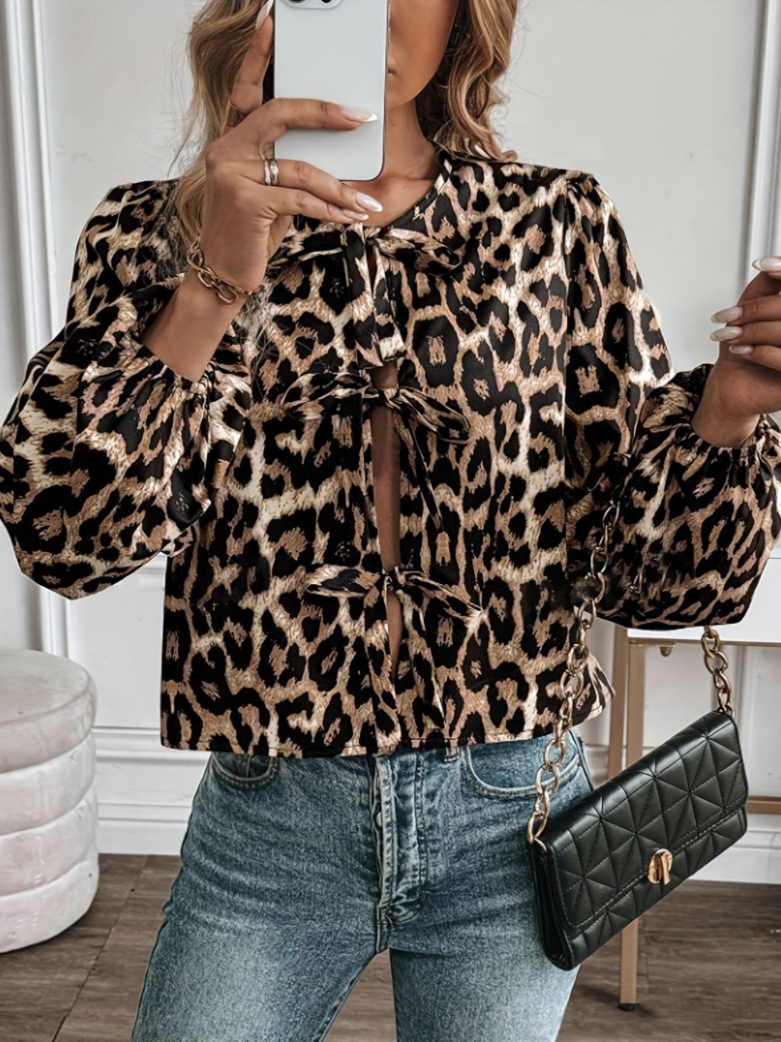 Tied Leopard Round Neck Long Sleeve Top - The Goddess Galleries
