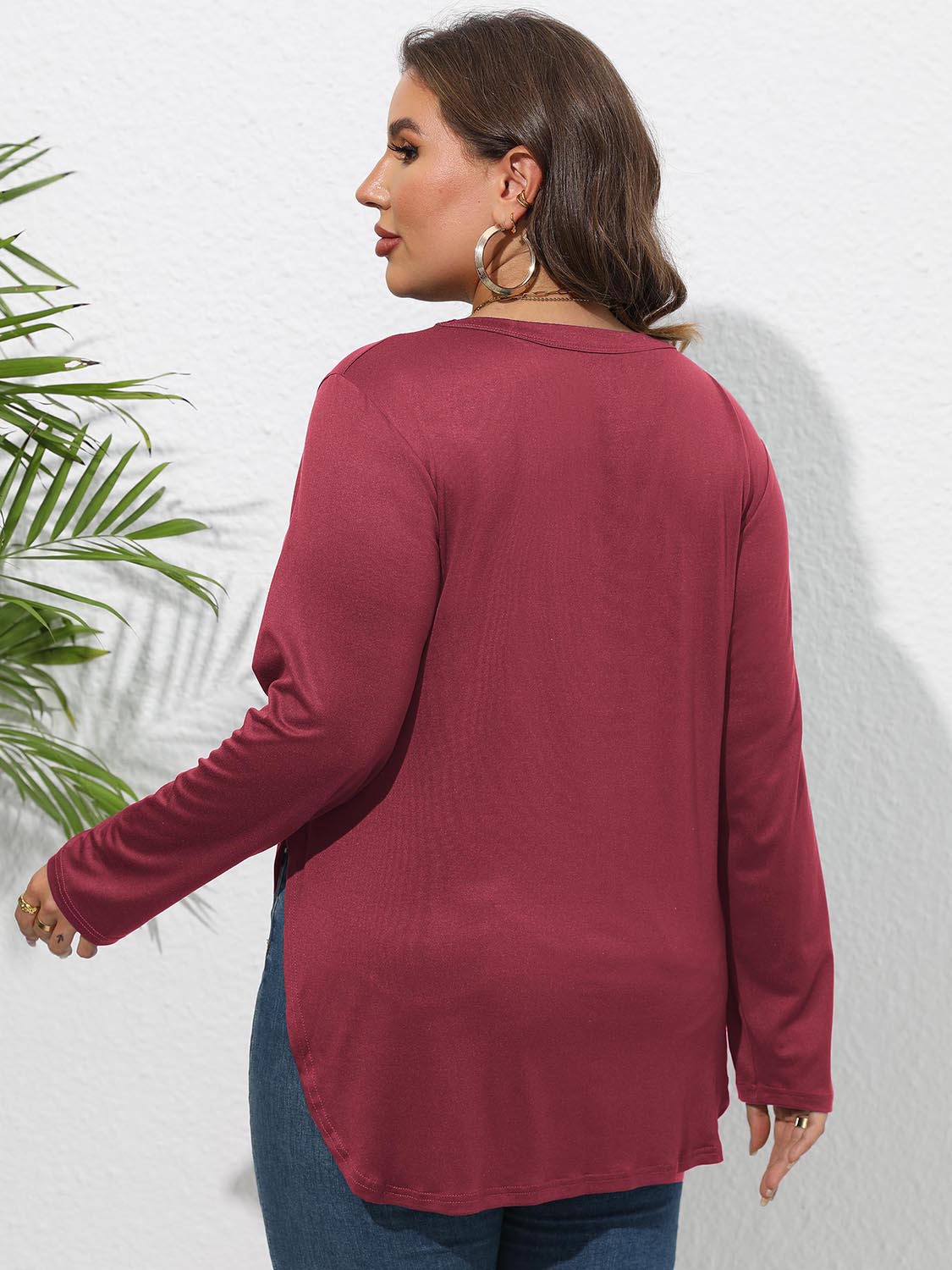 Plus Size Round Neck Long Sleeve Slit T-Shirt - The Goddess Galleries