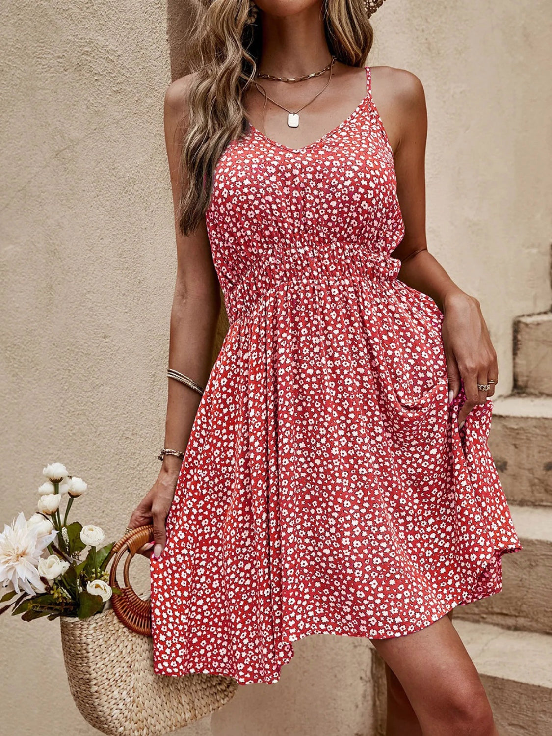 Floral V-Neck Mini Cami Dress - The Goddess Galleries