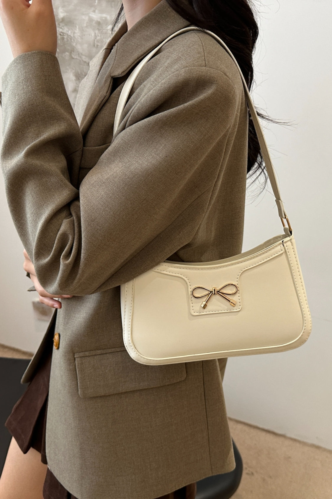 Bow Trim PU Leather Shoulder Bag - The Goddess Galleries