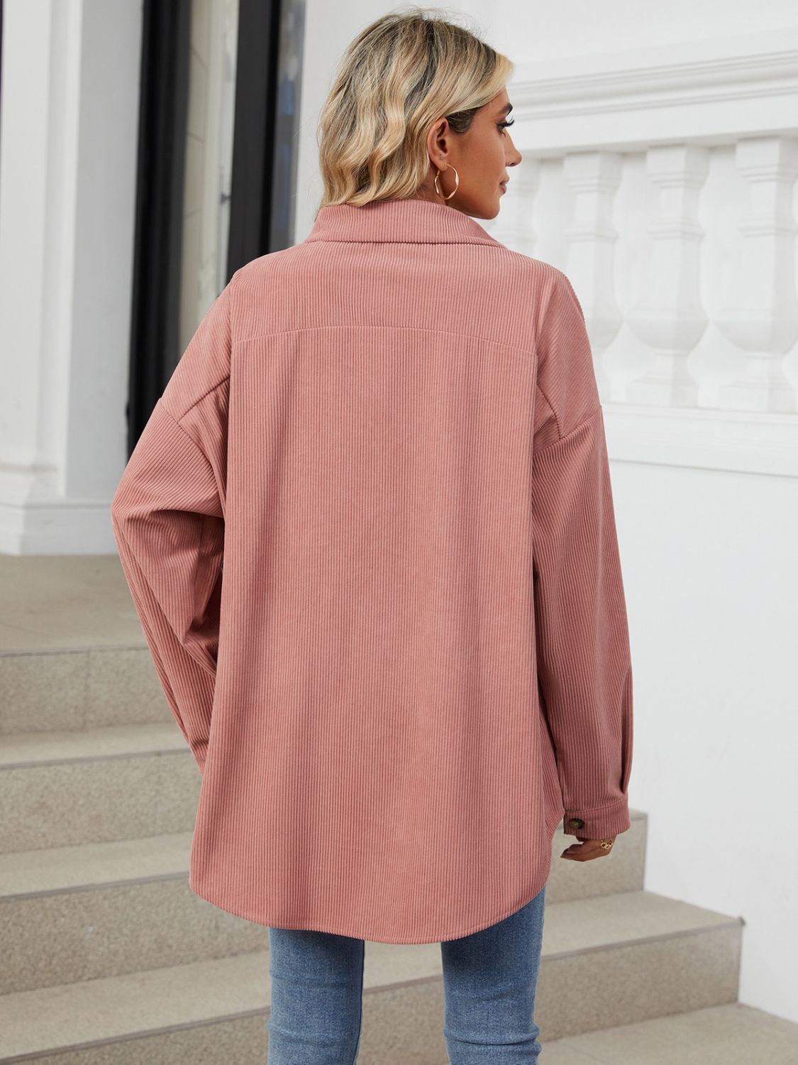 Collared Neck Long Sleeve Dropped Shoulder Shirt - The Goddess Galleries