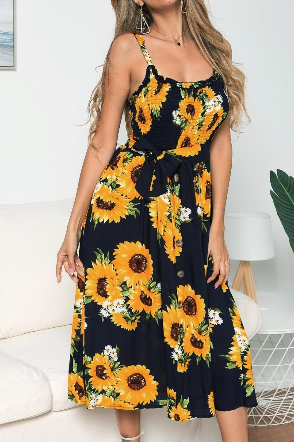Smocked Sunflower Printed Sleeveless Cami Dress - The Goddess Galleries
