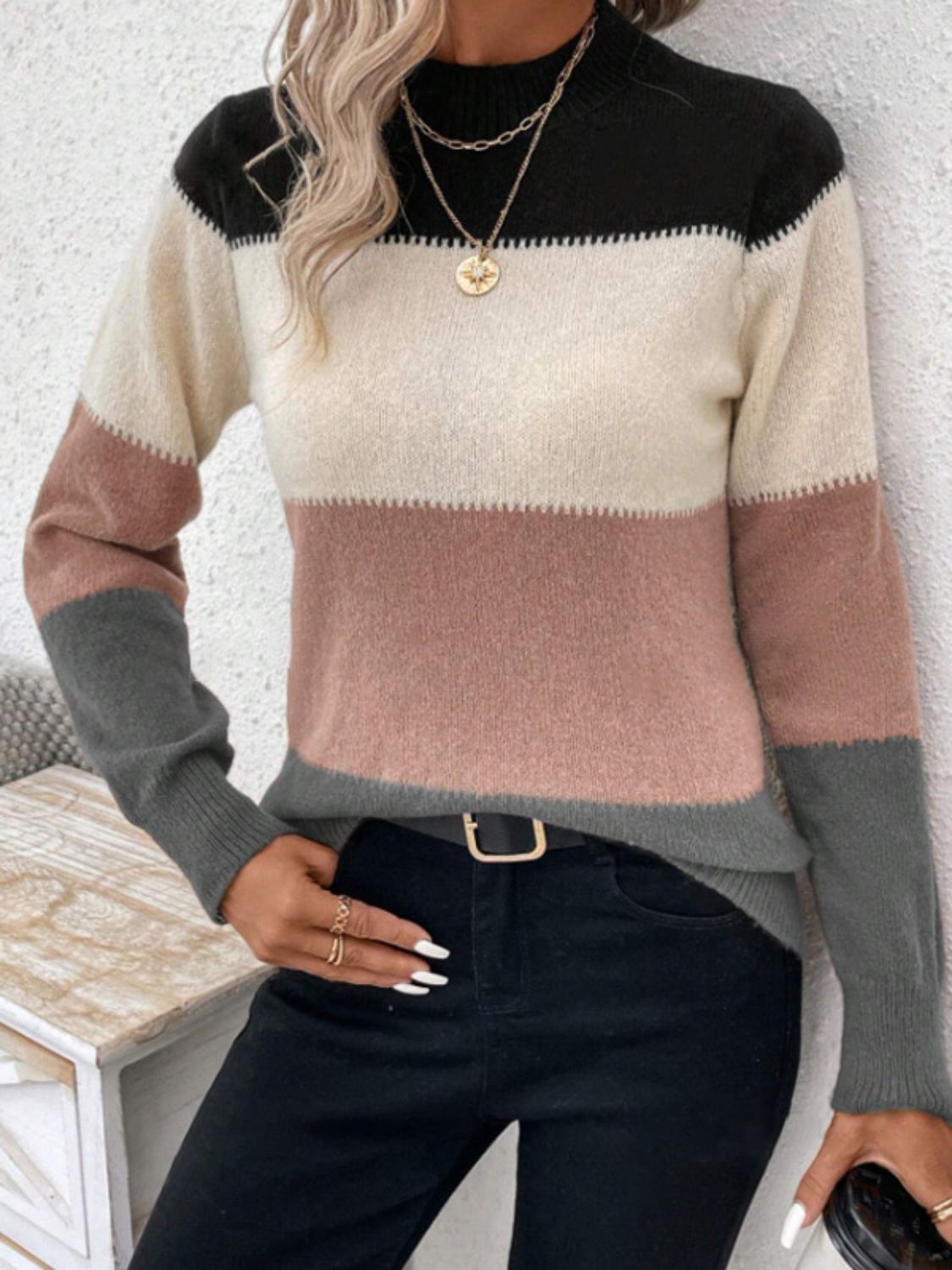 Color Block Mock Neck Long Sleeve Sweater - The Goddess Galleries
