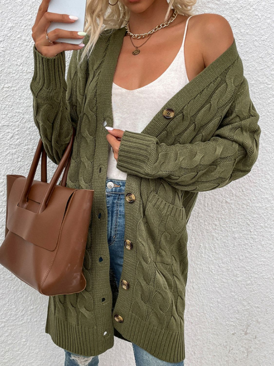 Cable-Knit Button Down Cardigan with Pockets - The Goddess Galleries