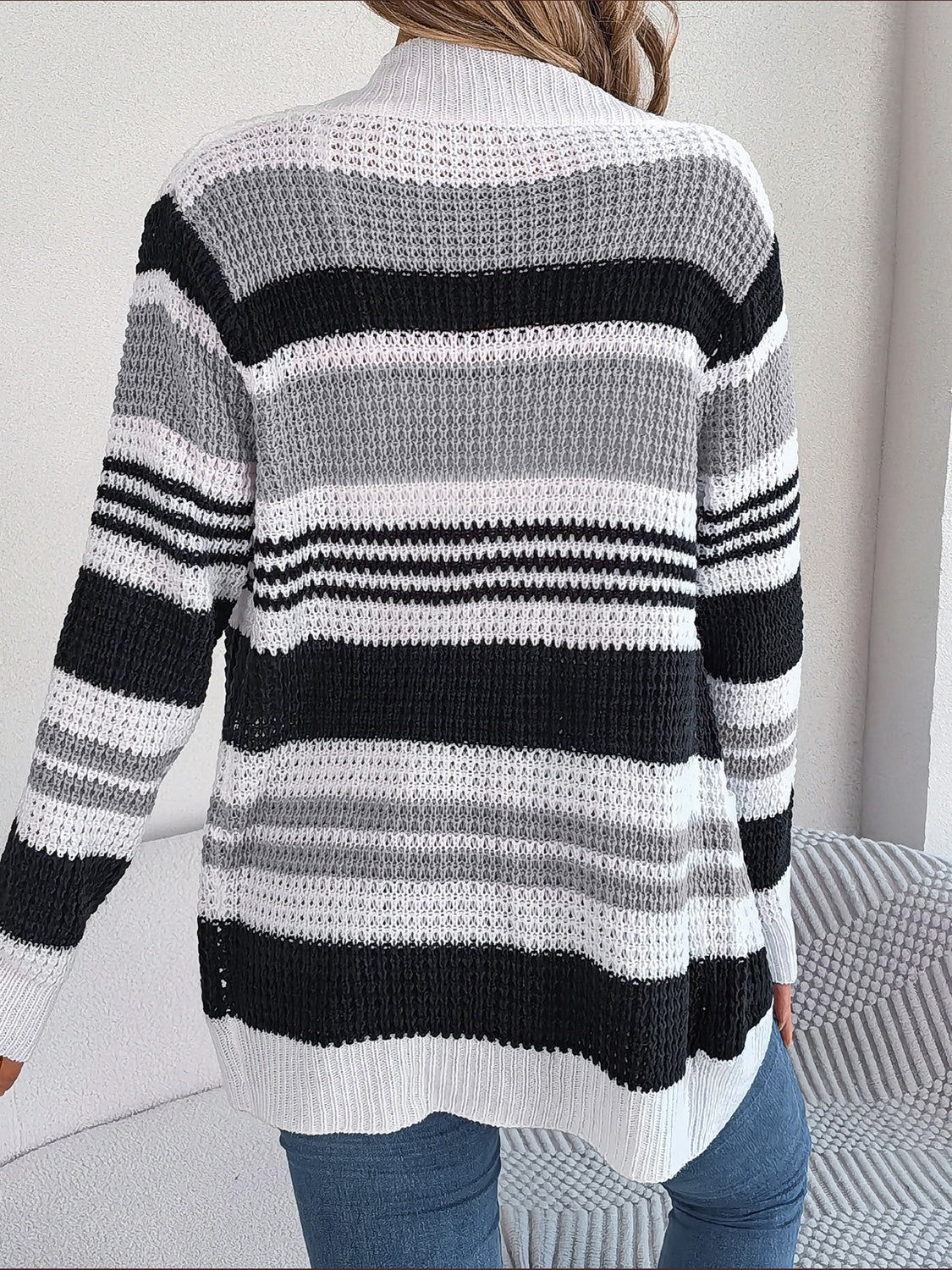 Striped Open Front Long Sleeve Cardigan - The Goddess Galleries