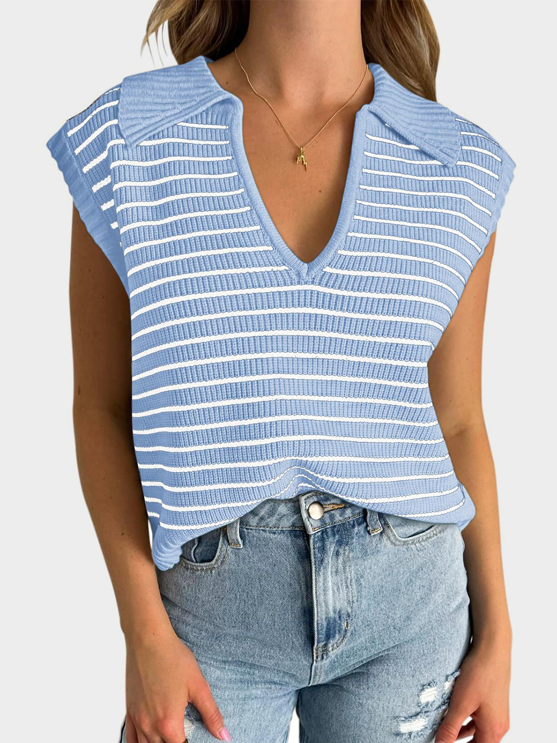 Mandy Collared Neck Striped Sweater Vest - The Goddess Galleries