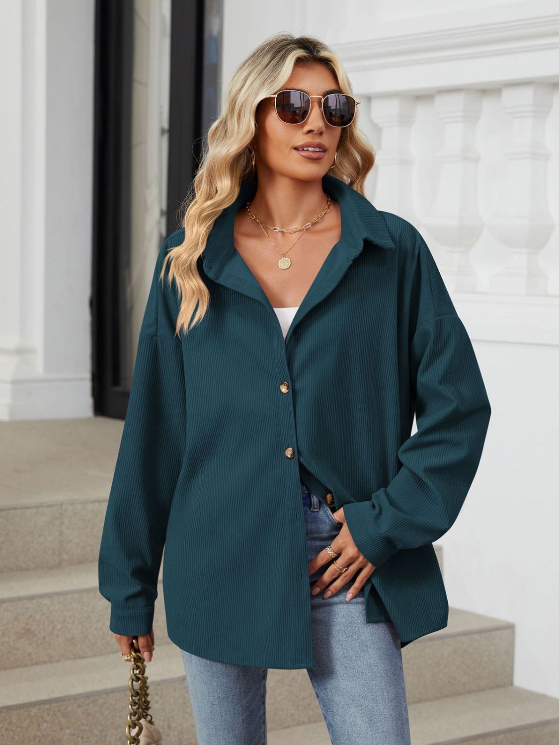 Collared Neck Long Sleeve Dropped Shoulder Shirt - The Goddess Galleries