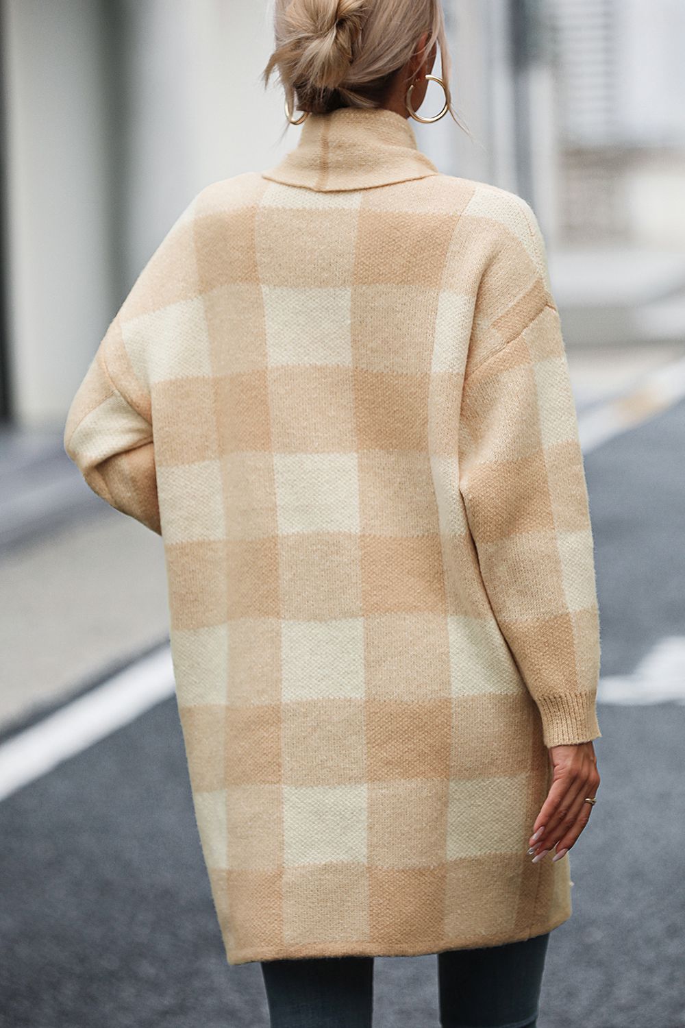 Plaid Dropped Shoulder Cardigan with Pocket - The Goddess Galleries