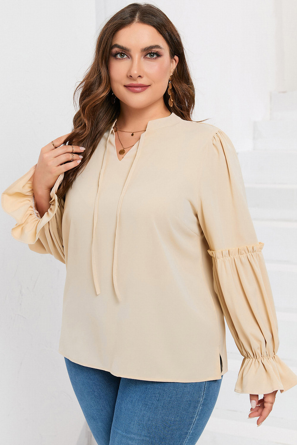 Plus Size Ruffled Tie Neck Flounce Sleeve Blouse - The Goddess Galleries