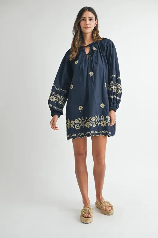 MABLE Embroidered Long Sleeve Peasant Mini Dress - The Goddess Galleries