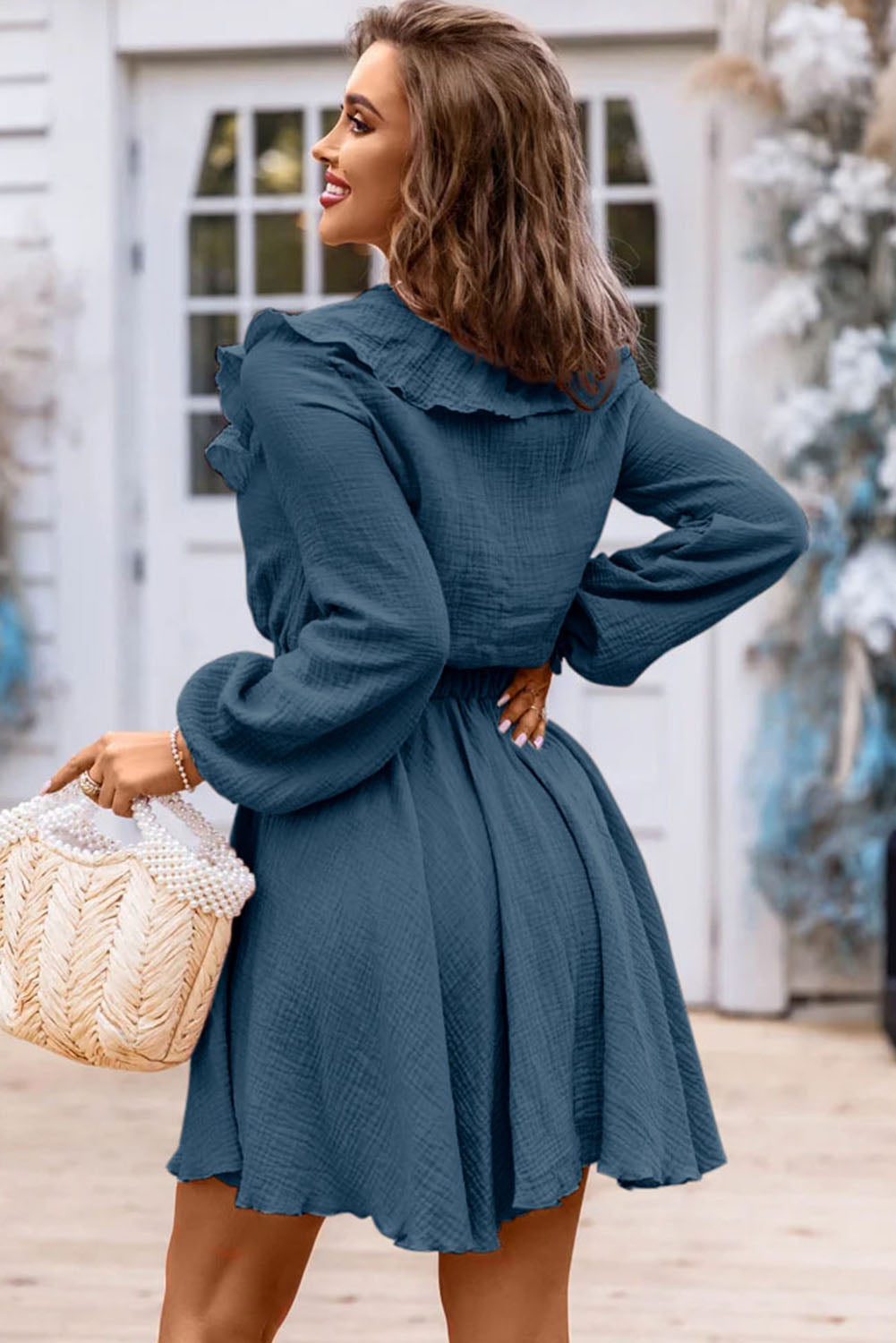 Ruffle Trim V-Neck Long Sleeve Mini Dress - The Goddess Galleries