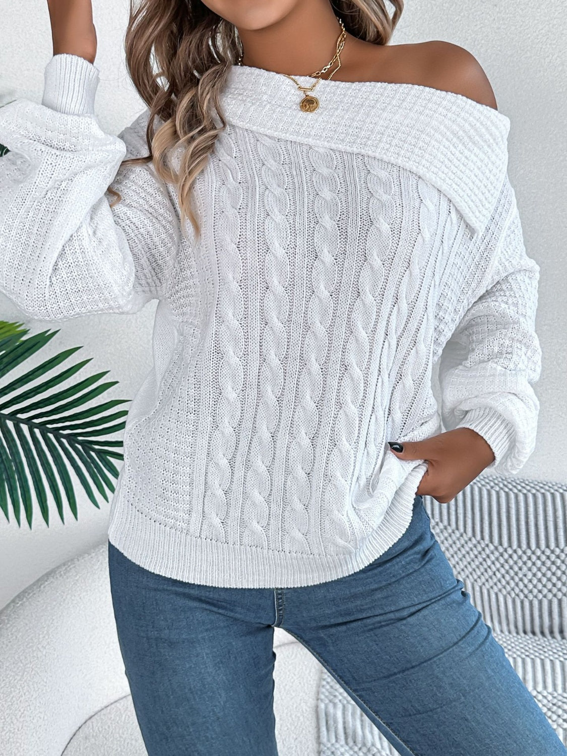 Cable-Knit One Shoulder Long Sleeve Sweater - The Goddess Galleries
