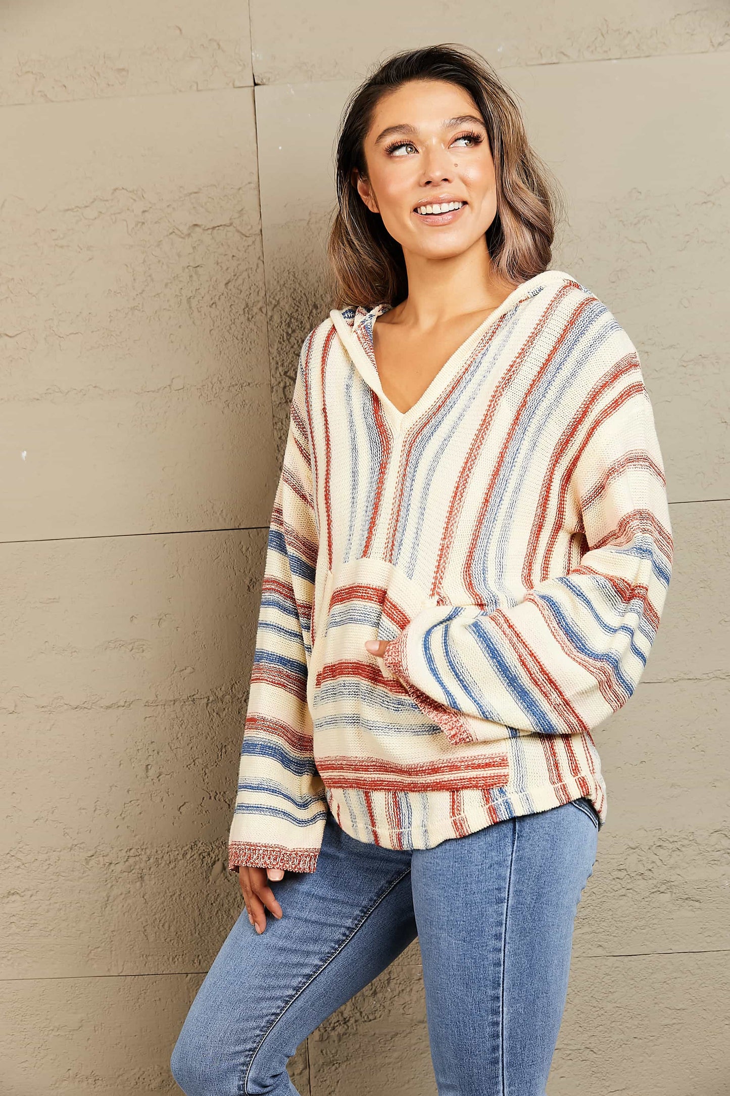 Striped Hooded Sweater with Kangaroo Pocket - The Goddess Galleries