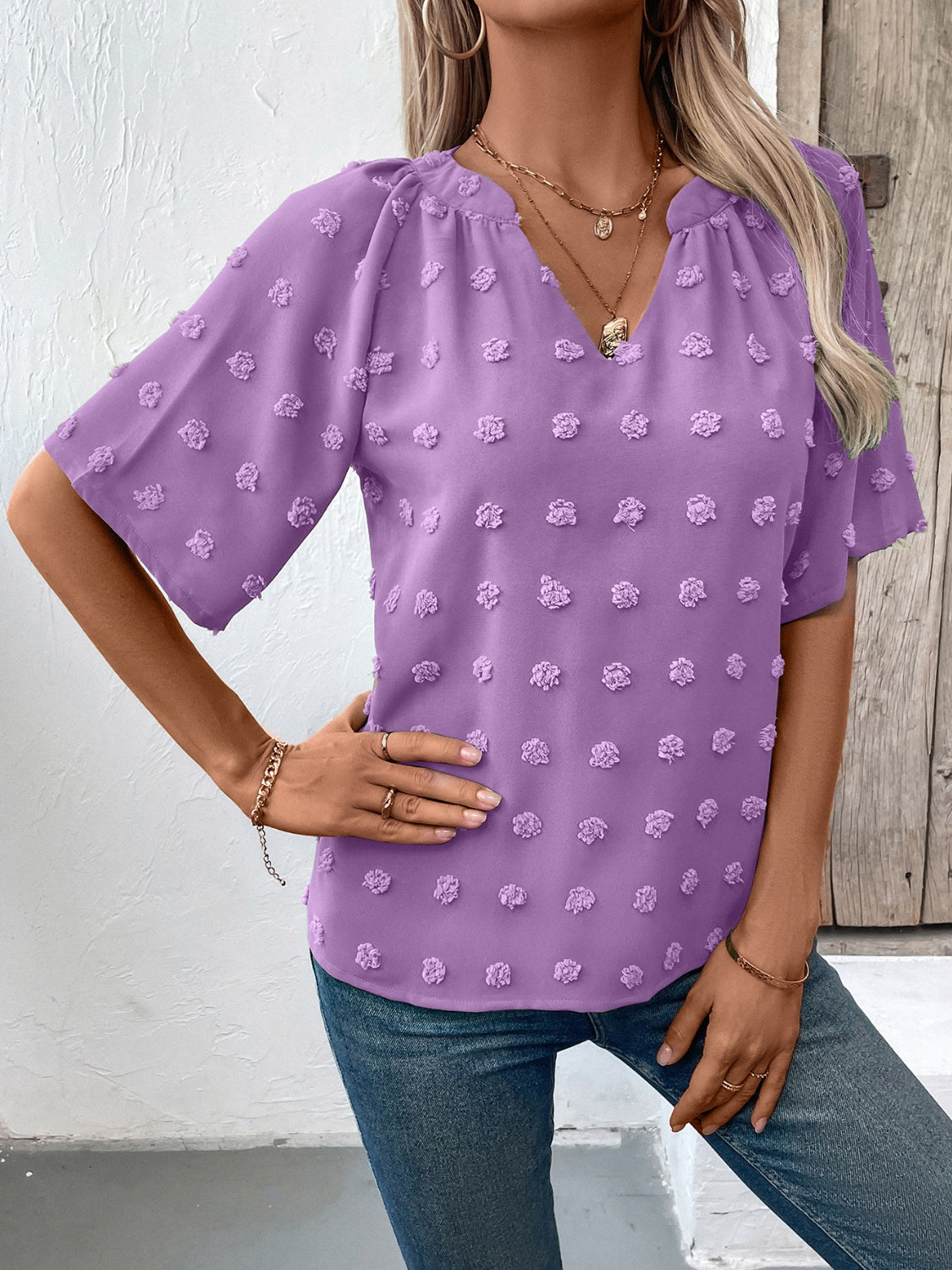 Ivy Lane Swiss Dot Notched Half Sleeve Blouse - The Goddess Galleries