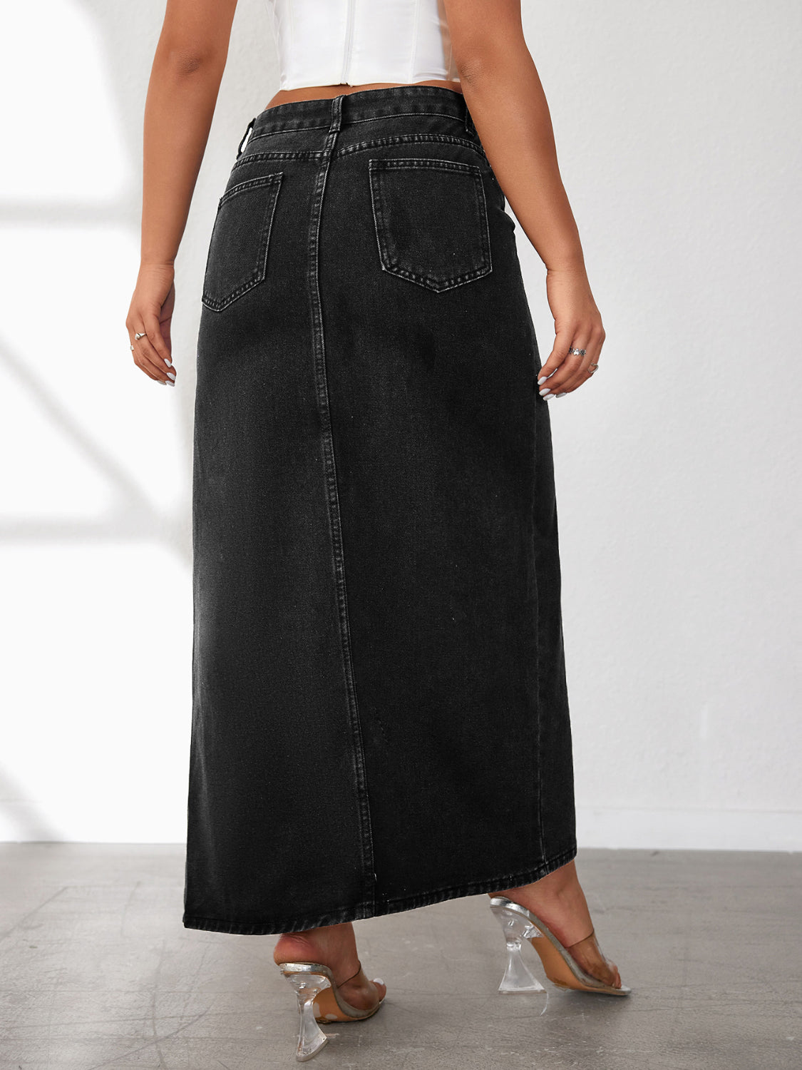 High Rise Slit Denim Skirt - The Goddess Galleries