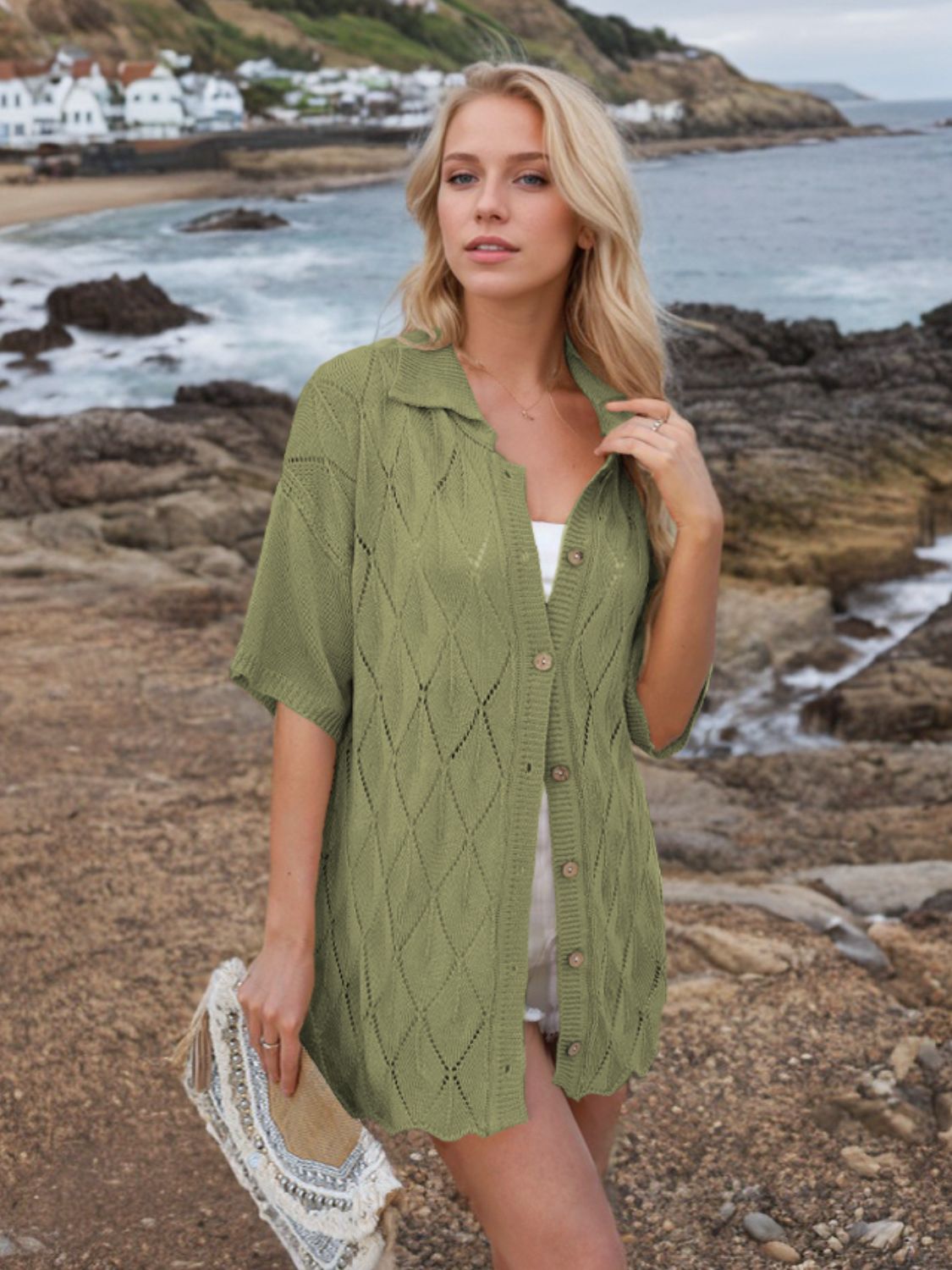 Button Down Eyelet Collared Neck Knit Shirt - The Goddess Galleries